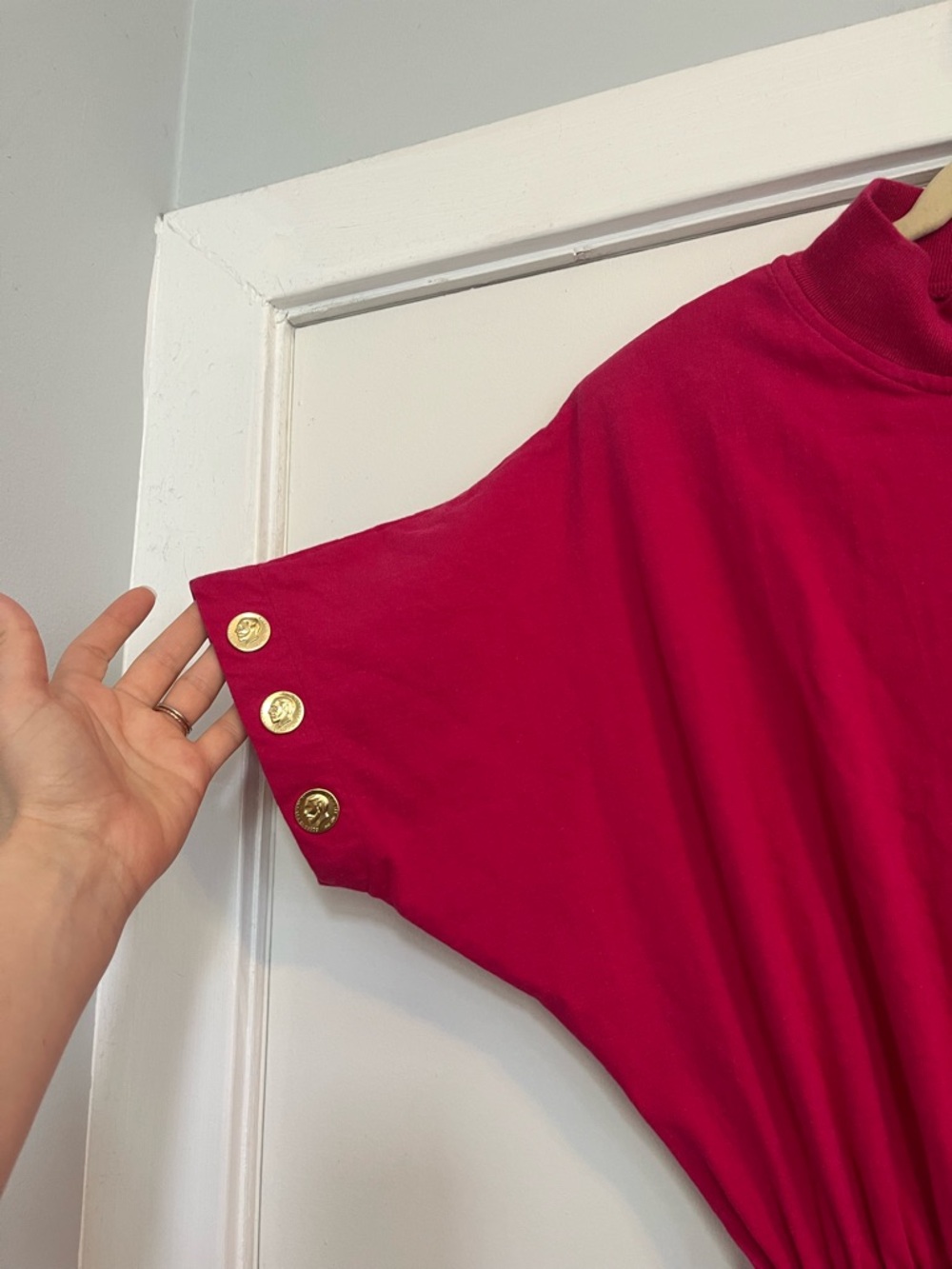 Vintage Magenta Jumpsuit with Gold Coin Buttons elastic waist pink pockets - Picture 5 of 10